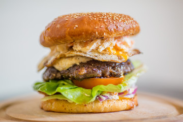 close up of tasty egg burger