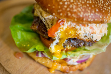 close up of tasty egg burger