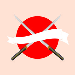Japanese Katana Swords with White Ribbon on the Japanese Flag Background