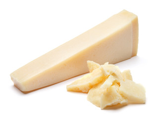 pieces of Parmesan cheese on white background