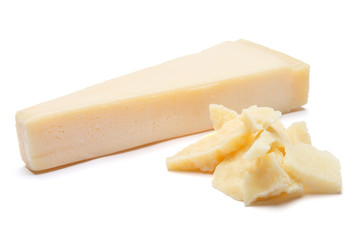 pieces of Parmesan cheese on white background