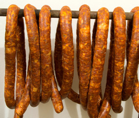 Sausages ready for smoke and drying