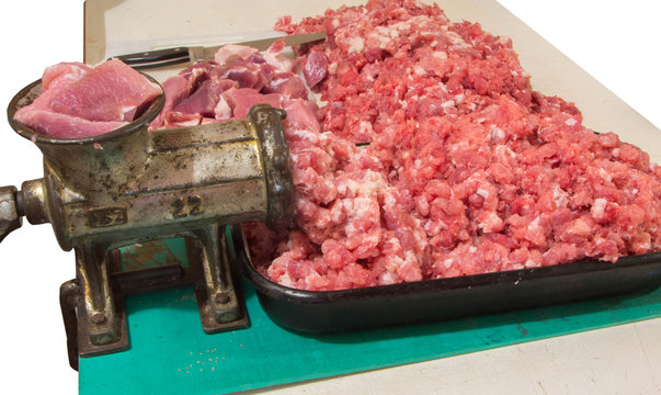 Grinding meat for sausages
