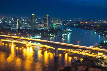 Foto op Plexiglas Bangkok river side cityscape. Bangkok night view in the business district. at twilight.Panorama view of Bangkok city scape at night time. vintage colour tone © anon