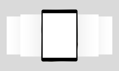 Black tablet computer with app screens mockup. Blank wireframing screens. Web-design concept to display app screenshots. Vector illustration