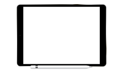 Black tablet computer with pencil isolated. Mockup to showcase screenshots your web-sites in modern style. Vector illustration