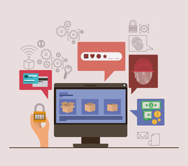 mobile security with desktop computer and secure apps in sea shell color background