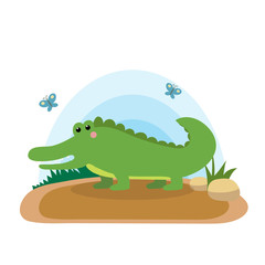 Obraz premium Wild animals with landscape - cute cartoon vector illustration of crocodile