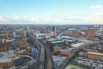 Aerial view drone manchester city centre hilton hotel beetham tower