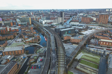 Aerial view drone manchester city centre hilton hotel beetham tower