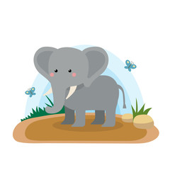 Wild animals with landscape - cute cartoon vector illustration of elephant