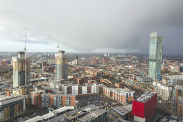 Fototapeta na wymiar Aerial view drone manchester city centre hilton hotel beetham tower