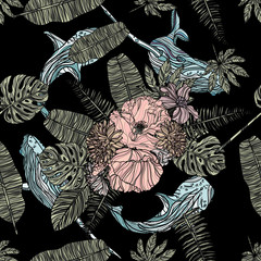 Seamless pattern with flowers, tropical leaves and whales.
