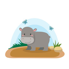 Wild animals with landscape - cute cartoon vector illustration of hippo
