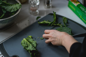 preparing vegetables on a chopping board