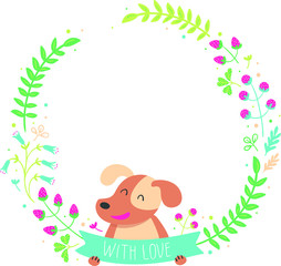 Fototapeta premium Greeting card with flower wreath and cute dog. Vector illustration for wedding, birthday and other design. Hand drawn lettering 