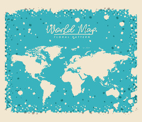 white world map floral pattern with light blue background