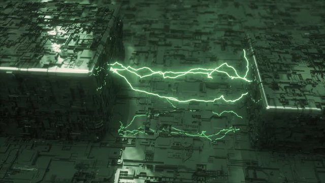 Abstract futuristic city with electricity brimming in between structures