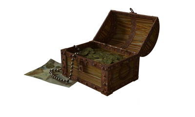 Treasure chest with treasure 3D rendering