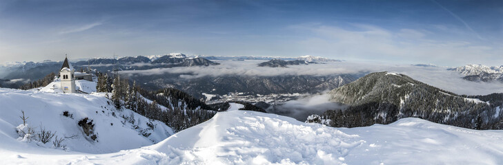 Fototapeta na wymiar Winter view from the top of Monte Lussari, Italy