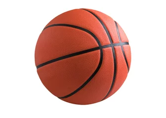 Schilderijen op glas Basketball isolated on a white background as a sports and fitness symbol of a team leisure activity playing with a leather ball dribbling and passing in competition tournaments. © sutthinon602