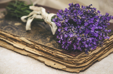 Fototapeta na wymiar Vintage composition with lavender and old book