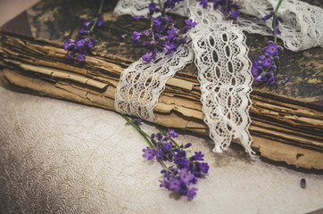 Vintage composition with lavender and old book