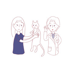 Girl bring Cat to meet Vet. Vector Illustration.