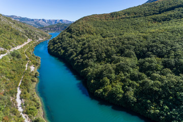 Aerial view on River in the mountains of Bosnia and hercegovina