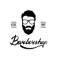 Barber Shop logo or label. Portrait of man with beard and mustache. Hipster face. Lettering vector illustration.