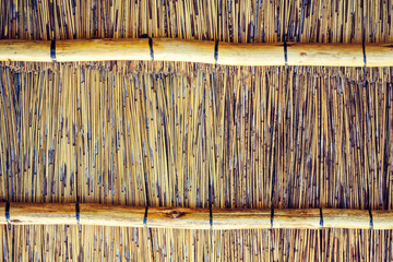 Close up shot of the inside of a thatched reet roof with cross beam enforcements. Use for backgrounds or textures with copy space.