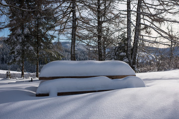 snow covered benches, black forest germany