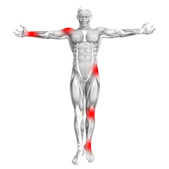 Conceptual human muscle anatomy with red and yellow hot spot inflammation or articular joint pain for health care therapy or sport concepts. 3D illustration man arthritis or bone osteoporosis disease