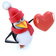 3d Funny cartoon penguin dressed for winter and holding a red heart