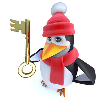 3d Funny cartoon penguin dressed for winter and holding a gold key