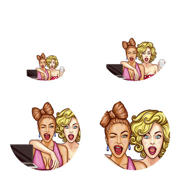 Set vector pop art round avatar icons for users social networking, blogs, profile icons. Two glamorous women with emotionally open screaming mouths, one winks eye, they demonstrate a laptop