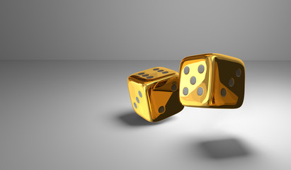 two  golden metallic dice 3d render