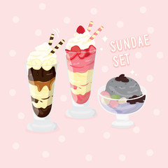 Ice cream Sundae Set : Chocolate, Strawberries, Sesame Taro with fruits