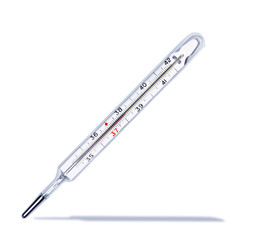 Photo of a mercury thermometer isolated on a white background.