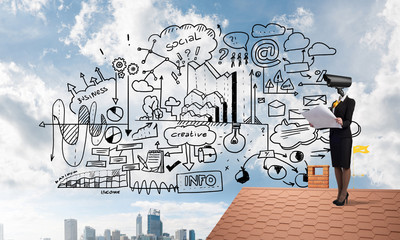 Concept of home security and privacy protection with camera headed woman