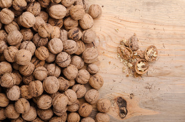 Walnut. Whole walnuts on wooden table. Natural and healthy food.