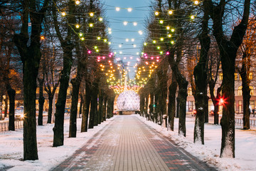 Riga, Latvia. Evening View Of Esplanade Park On Freedom Street Decorated