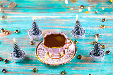 Vintage coffee cup on wooden table