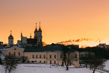 Fototapeta na wymiar Vitebsk, Belarus. Sunrise Sky Over Local Landmark Holy Resurrection