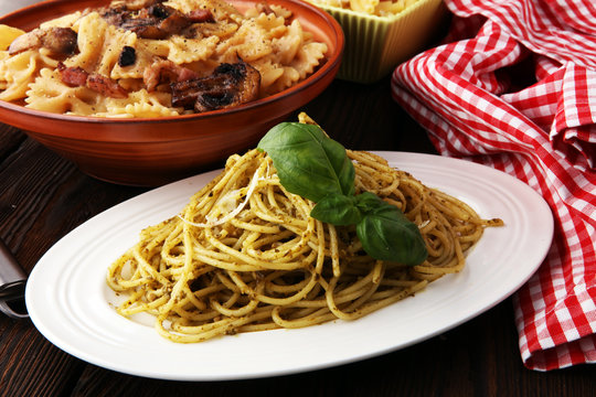 Italian pasta selection with pesto, carbonara, tomato spaghetti fresh vegetables cuisine