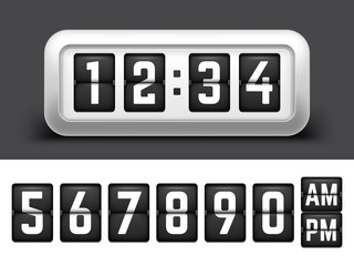 Realistic Flip clock with Flipping Numbers set. Vector Illustration of Mechanical Timetable.