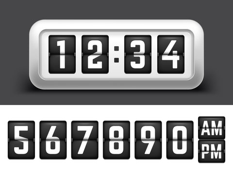 Realistic Flip Clock With Flipping Numbers Set. Vector Illustration Of Mechanical Timetable.