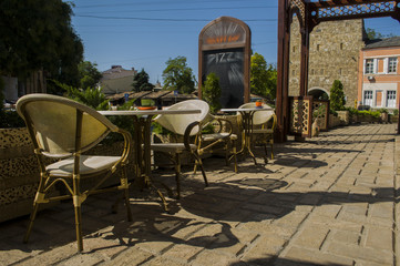 Summer terrace in downtown. Hot summer day.