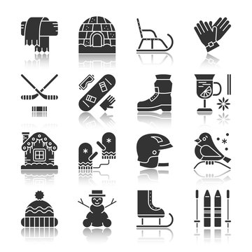 Winter activity sport outdoor monochrome icon set