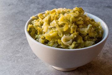 Fried Leek Slices in a bowl.
